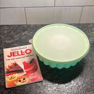 Vintage Tupperware Mint Green Jell-O Mold with Lid and vintage cookbook
